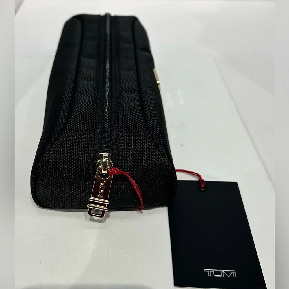 NWT Tumi Travel Accessory Zipper Cord Pouch Bag Black Gold Tone Hardware